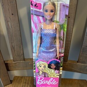 Barbie in Shimmering Lavender Dress with shoes. New in box.